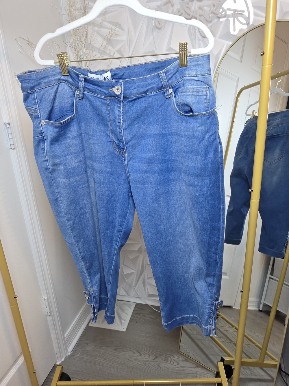 Women's Blue Cropped Jeans with Cuffed Hem and Side Button Detail